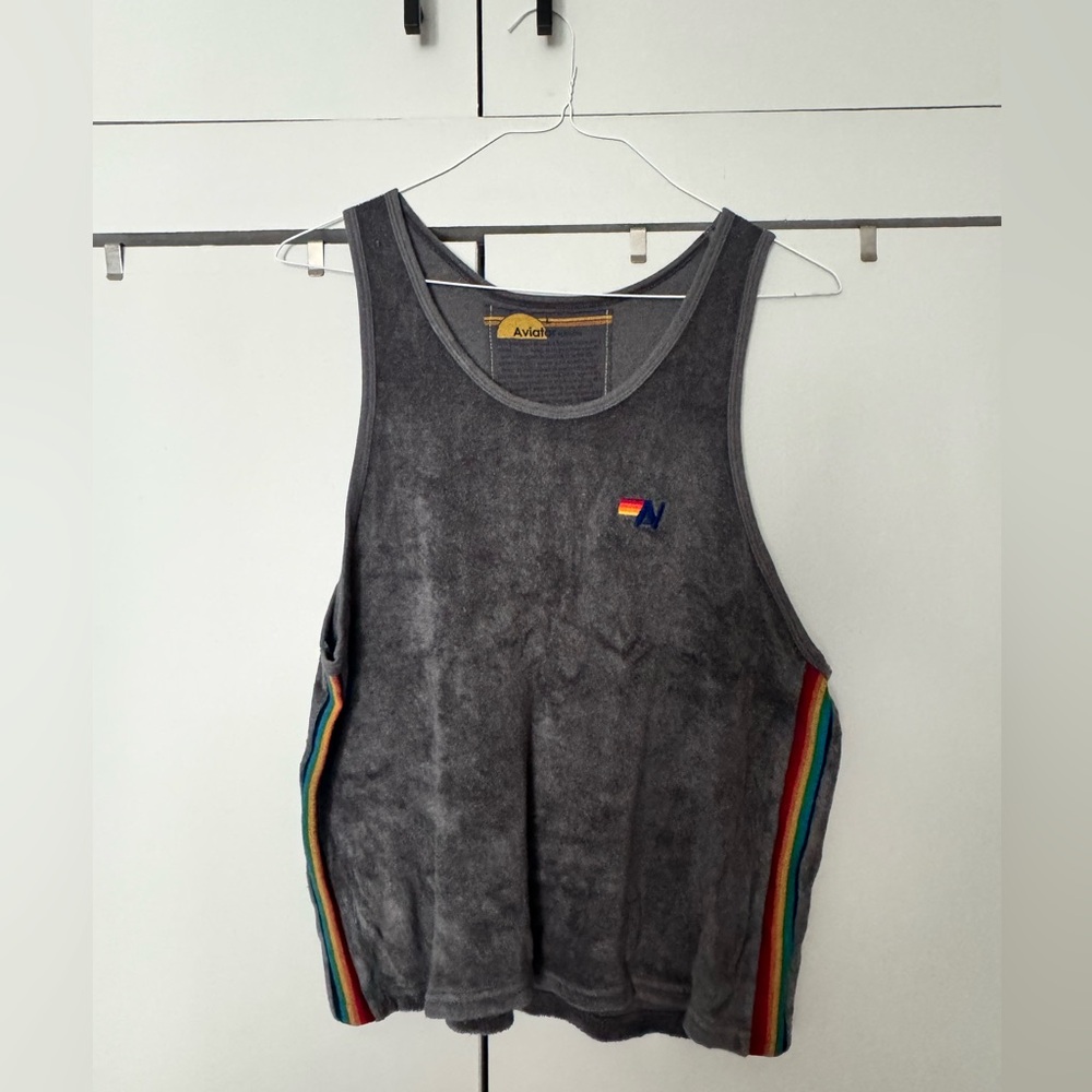 Aviator Nation Gray Terrycloth Tank with Rainbow Stripes